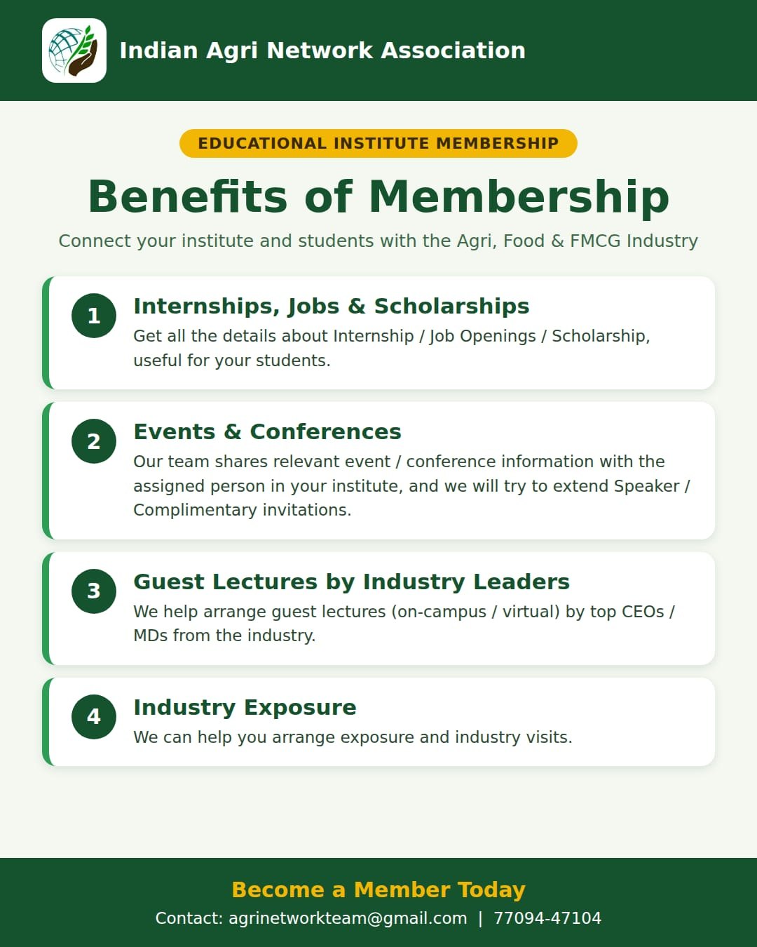 Benefits of membership for educational institutes: 1. Internships, jobs and scholarships — details useful for your students. 2. Events and conferences — event information shared with your institute, with speaker or complimentary invitations where possible. 3. Guest lectures by industry leaders — on-campus or virtual lectures by top CEOs and MDs. 4. Industry exposure — help arranging exposure and industry visits.